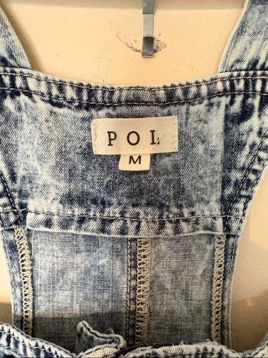 POL Acid Wash Denim Wide-Leg Overalls with Blue Floral Panel - Picture 6 of 9